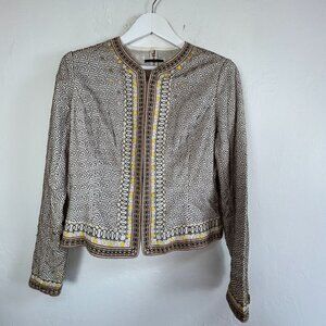 Elie Tahari Womens Embroidered Cotton Silk Blend Jacket Large Beige Printed